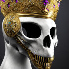 Detailed Human Skull with Golden Crown and Purple Jewels on Dark Background