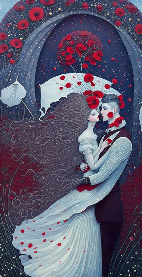 Romantic couple embrace under stylized umbrella with red flowers.