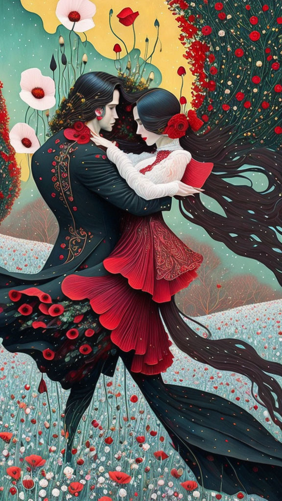 Whimsical illustration of embracing couple in red flower field