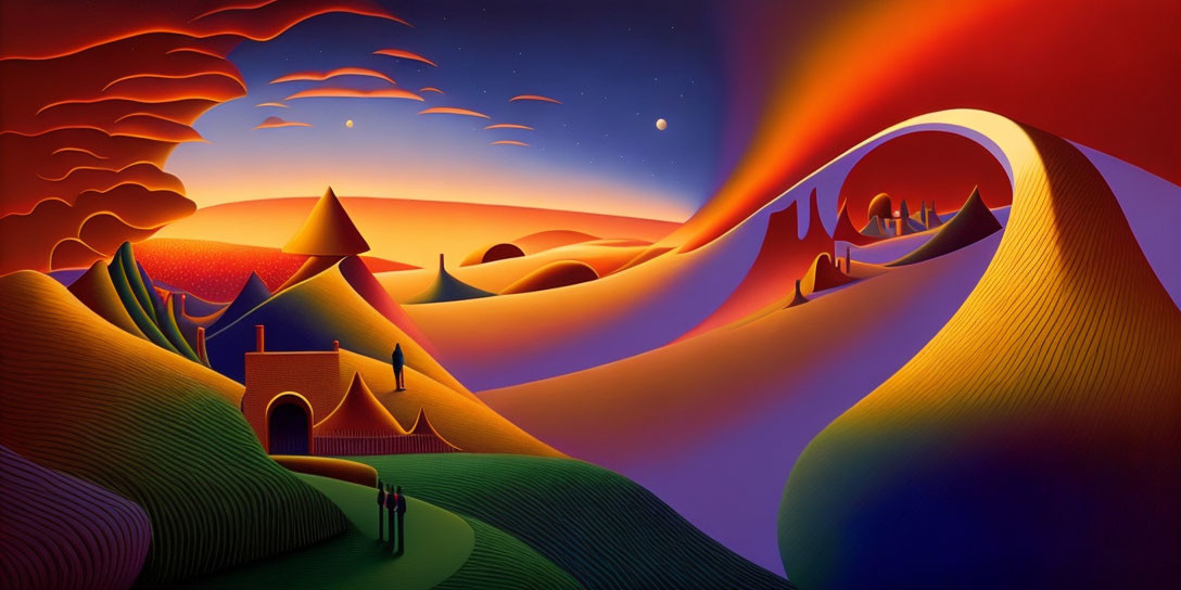 Surreal landscape with rolling hills, river, house, figures, vibrant colors