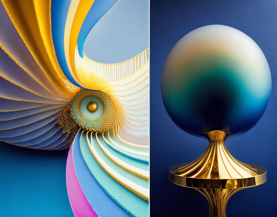 Colorful swirling pattern and gradient egg on golden pedestal in abstract image.