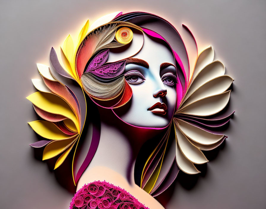 Vibrant paper art portrait of a woman with colorful swirls and petals.