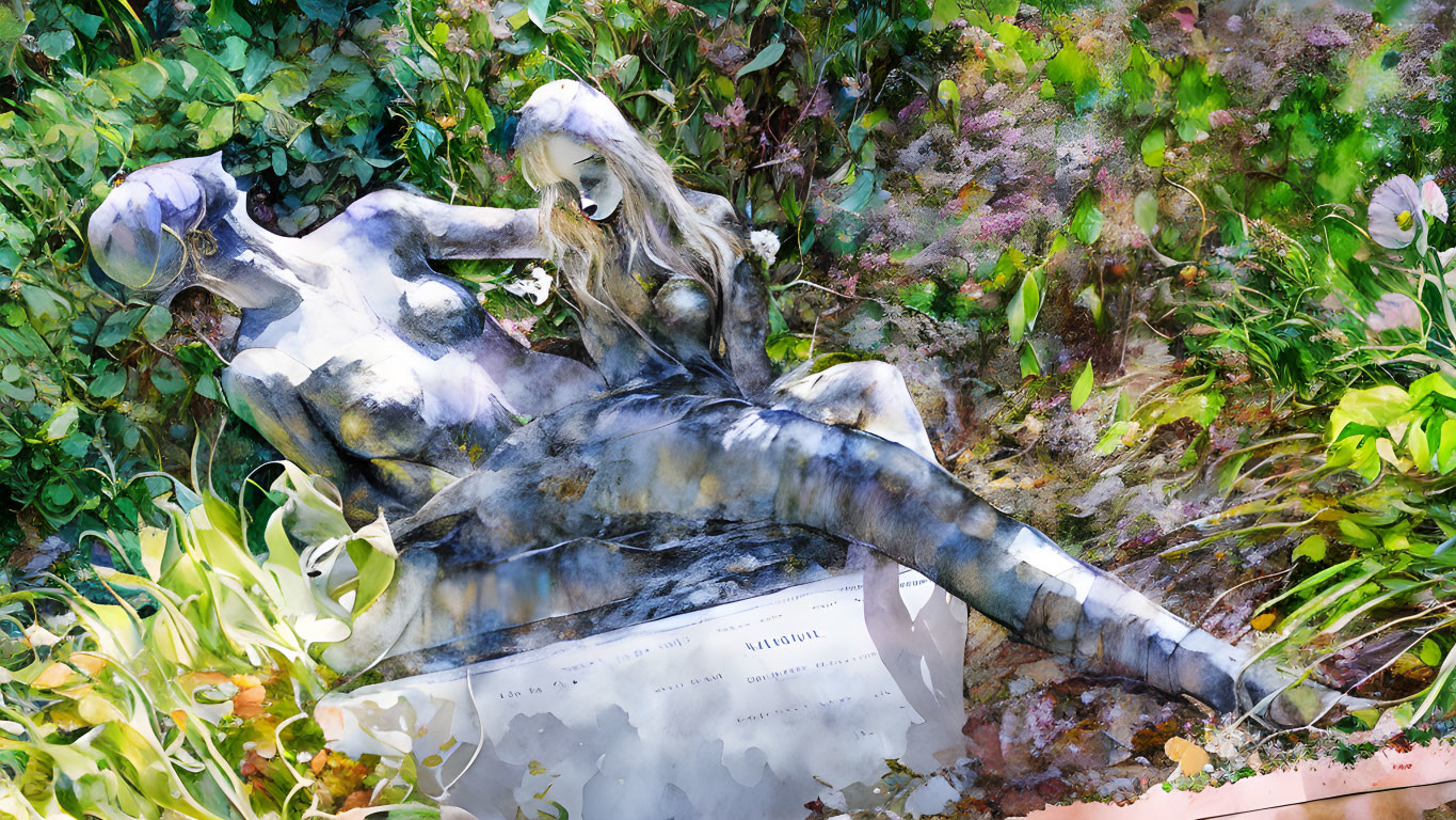 Collage-style artwork: Reclining female statue in garden