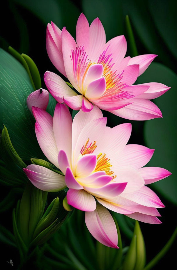 Vibrant Pink Lotus Flowers with Yellow Stamens on Dark Green Leaves