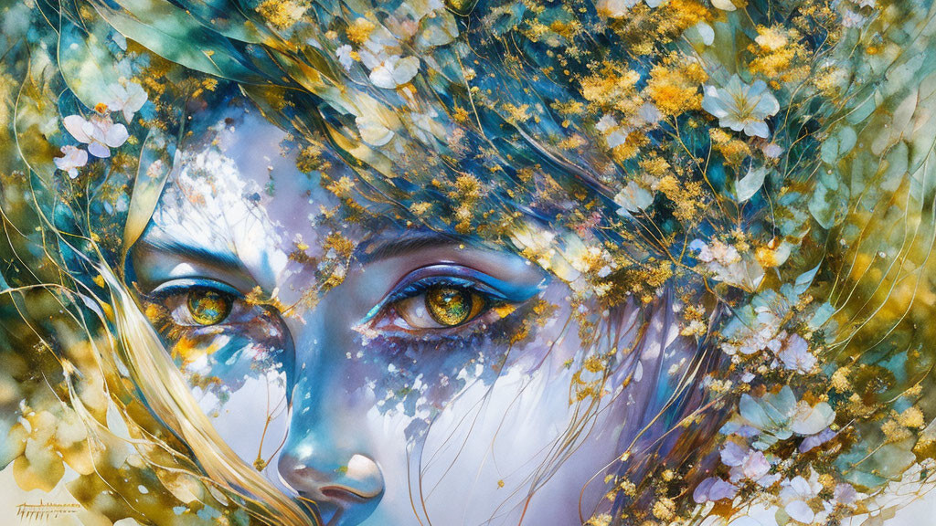 Surreal portrait of a woman with vibrant blue eyes and golden floral merge