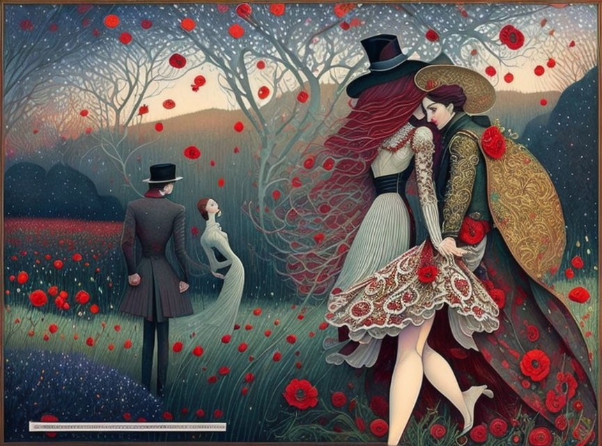 Victorian-era couple in poppy field illustration with ornate dress and butterflies