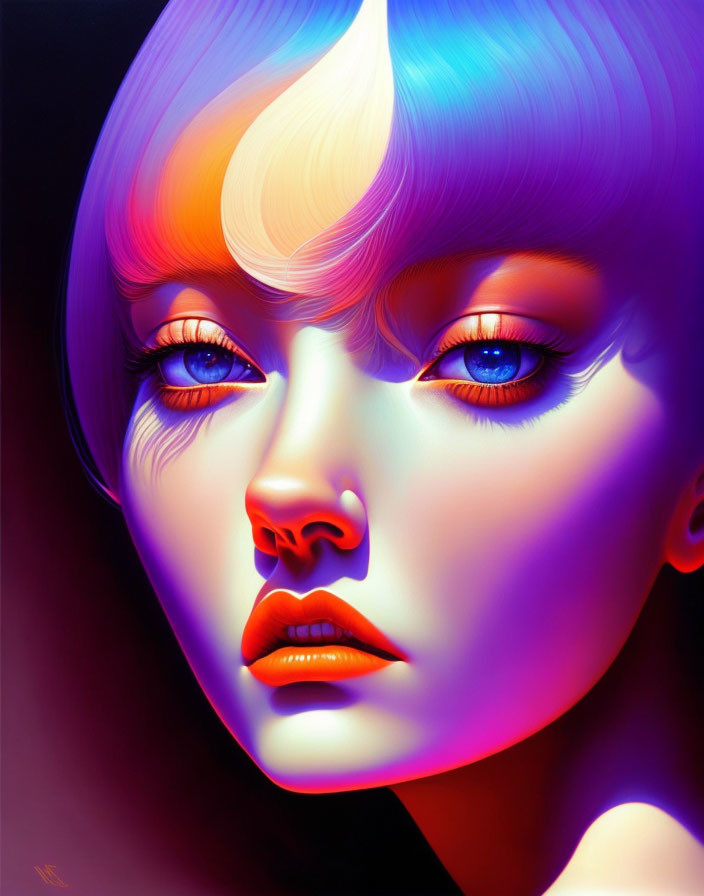 Digital painting of female face: blonde to purple hair, blue eyes, red lips, vibrant colors.