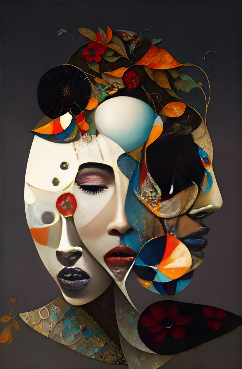 Surreal portrait collage with fragmented faces and floral elements