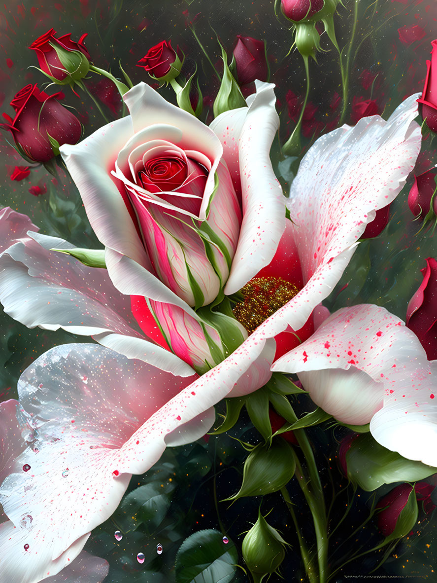 White and Pink Rose with Dewdrops Surrounded by Red Roses and Green Foliage