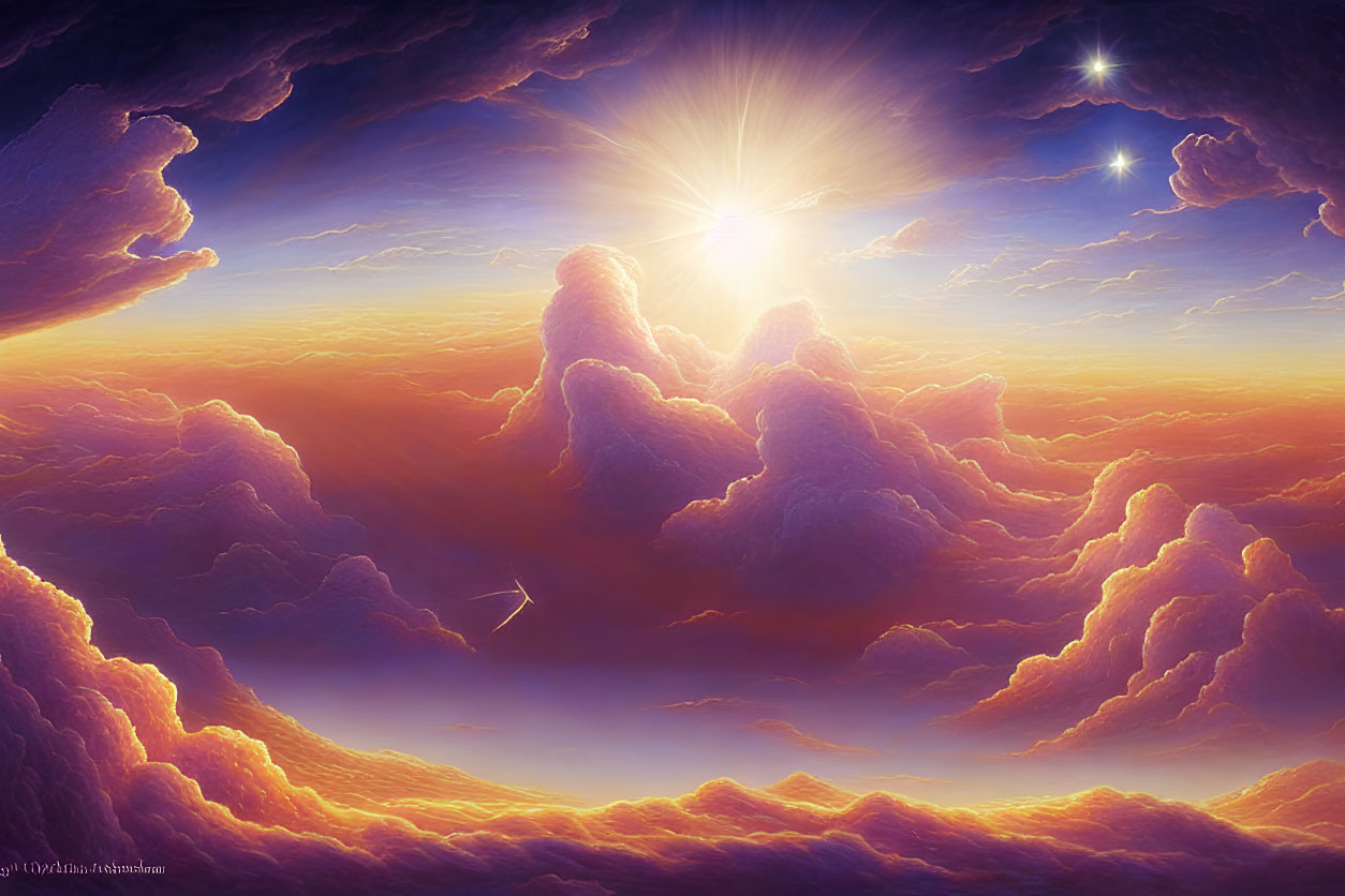 Celestial dreamscape with radiant sun and purple-tinged sky