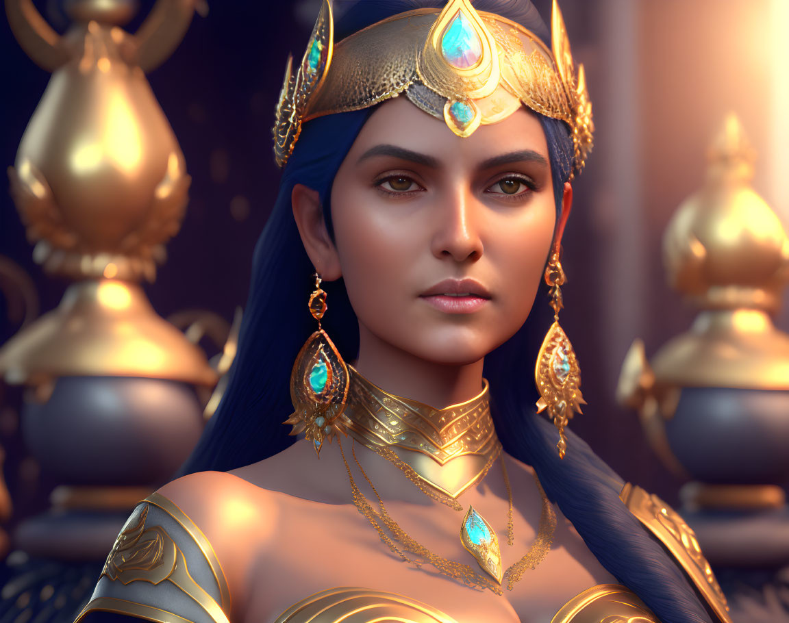 Blue-skinned woman in golden jewelry with gemstones: regal and mystical.