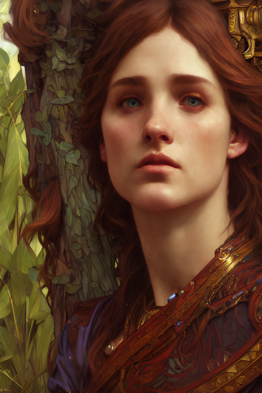 Digital painting of woman with auburn hair and blue eyes in ornate garment amidst lush foliage.