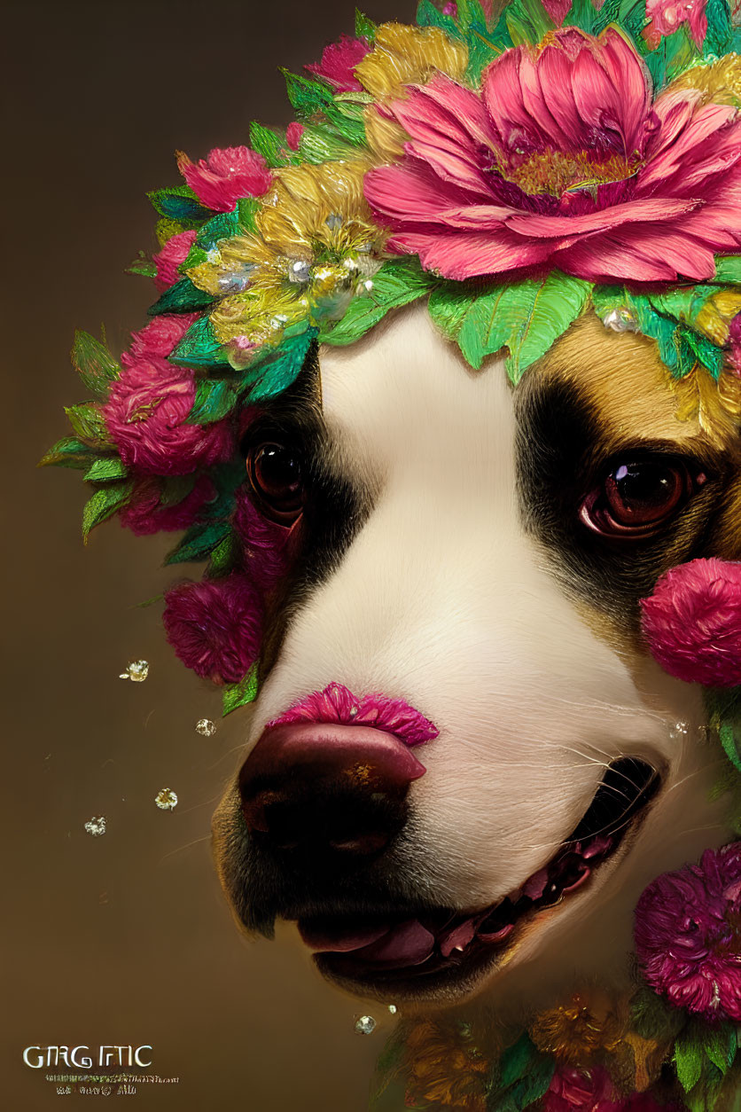 Colorful Floral Wreath Adorns Dog's Close-Up Portrait