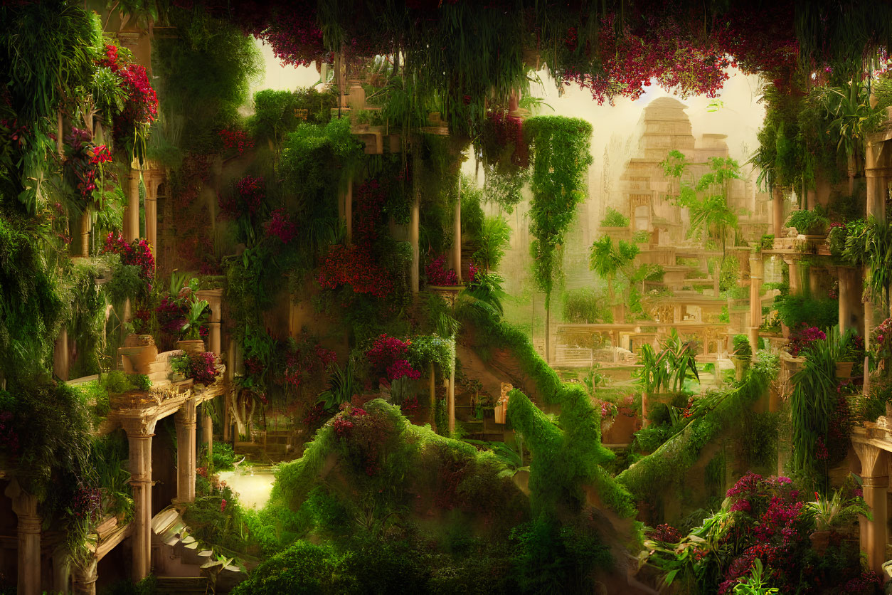 Vibrant greenery and hanging flowers in ancient overgrown ruin