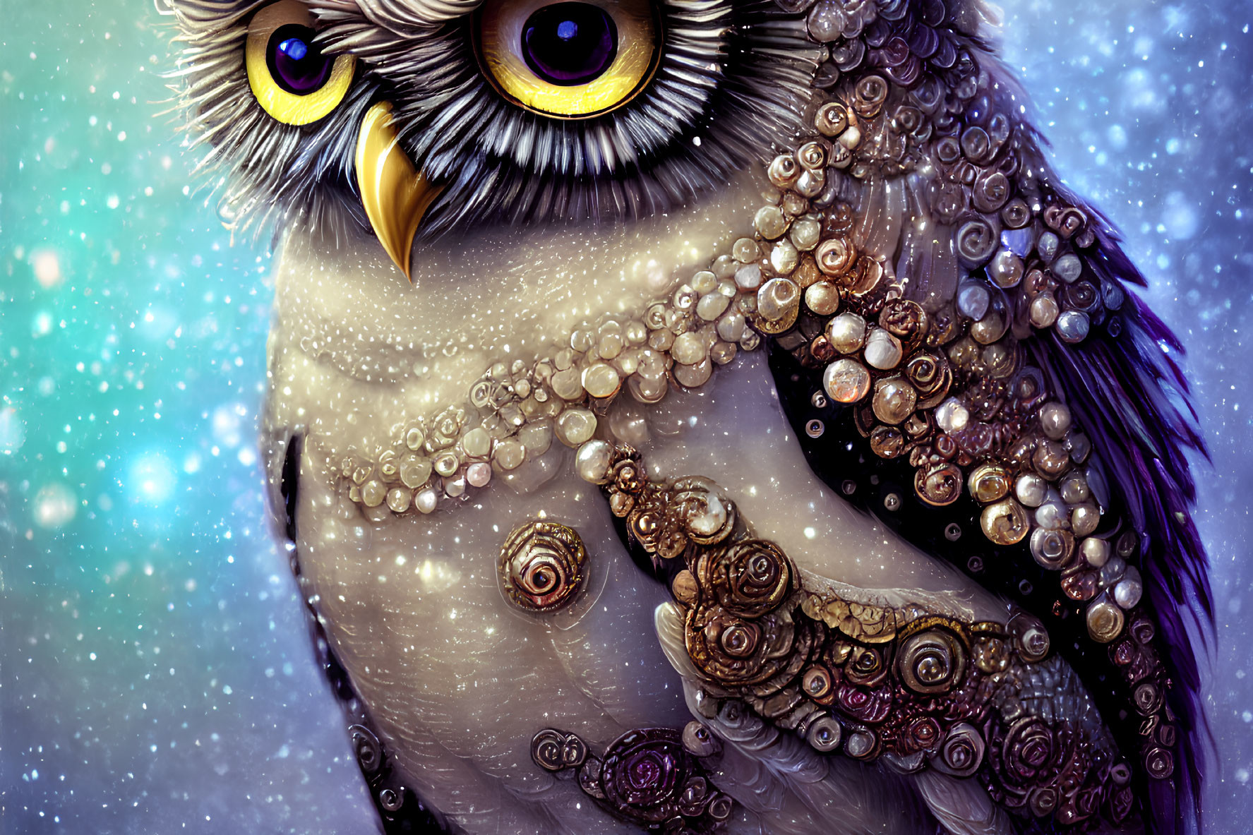 Detailed Owl Illustration with Beads and Swirling Patterns