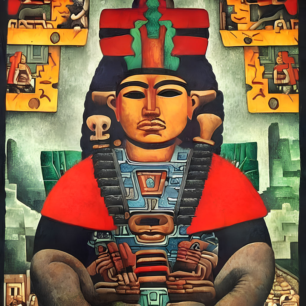 Vibrant depiction of Mesoamerican deity with ornate headdress and jewelry.