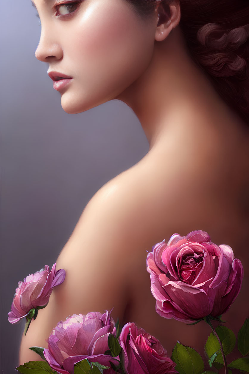 Profile of woman with bare shoulders and collarbone, adorned with vibrant pink roses.