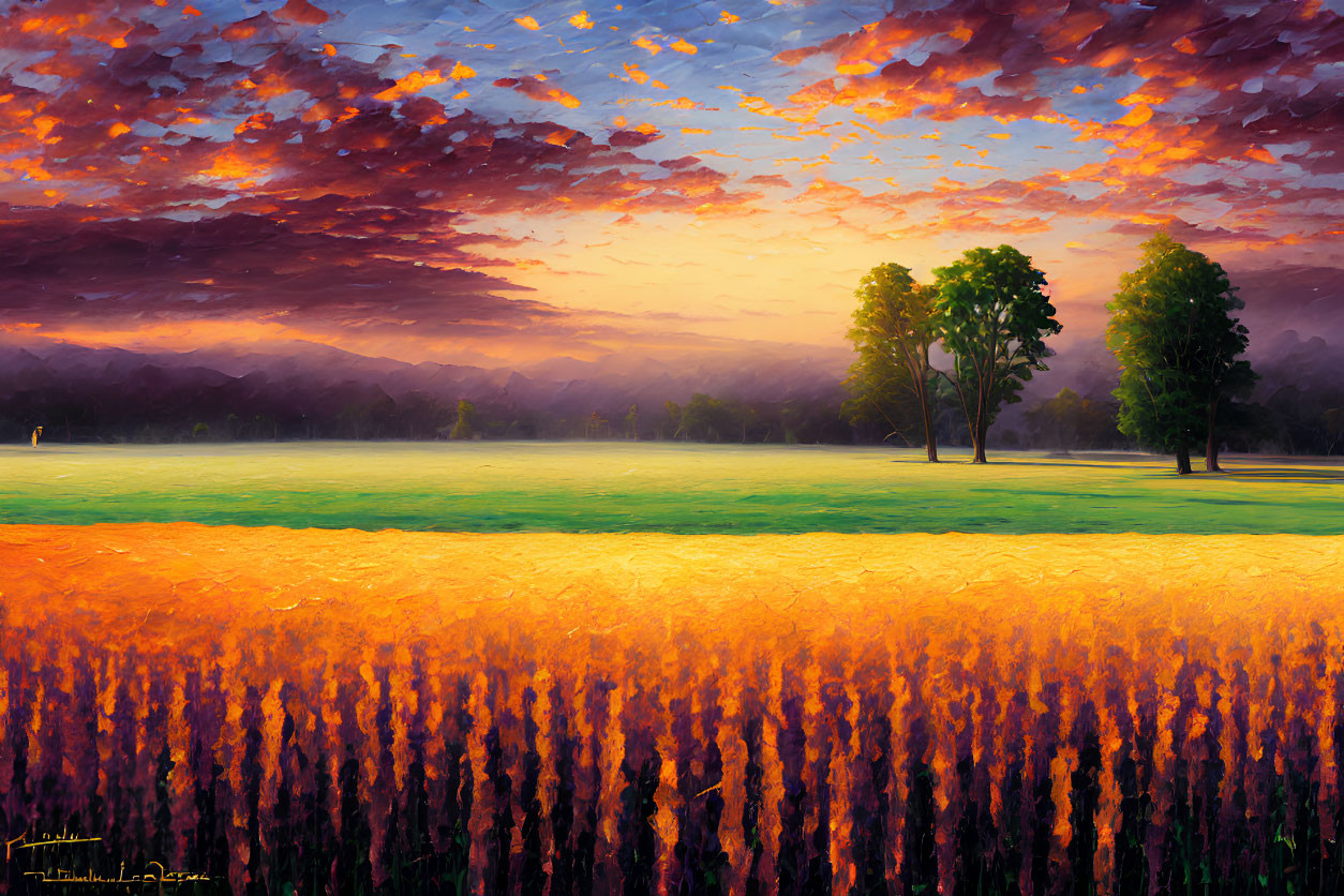 Golden field under dramatic sunset with dark trees - Vibrant landscape painting