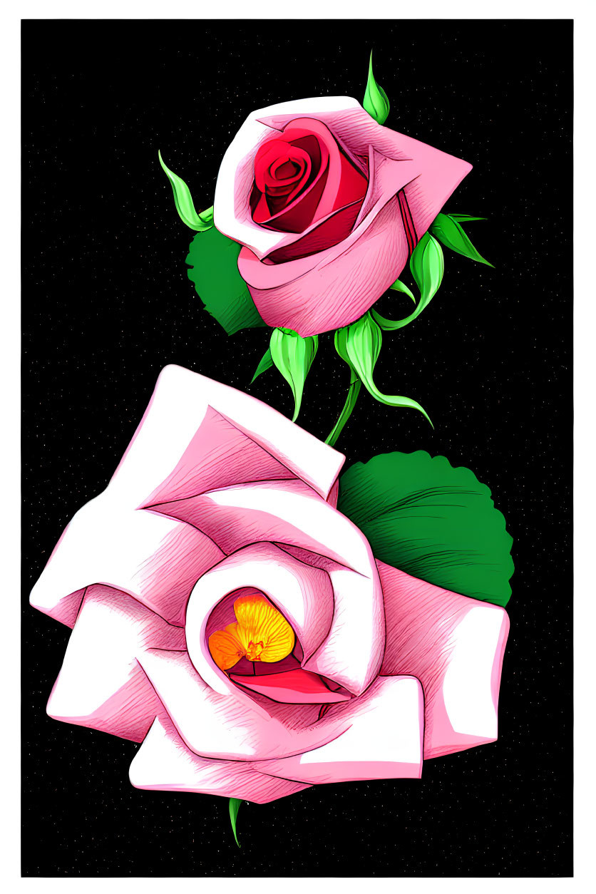 Stylized pink roses with yellow center on starry black background