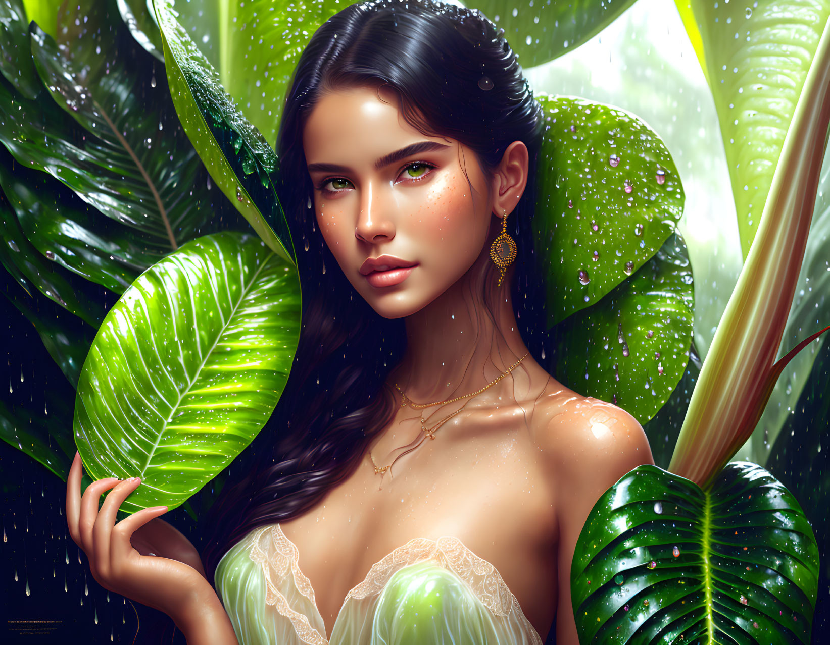 Dark-haired woman with earrings surrounded by lush green leaves and water droplets.