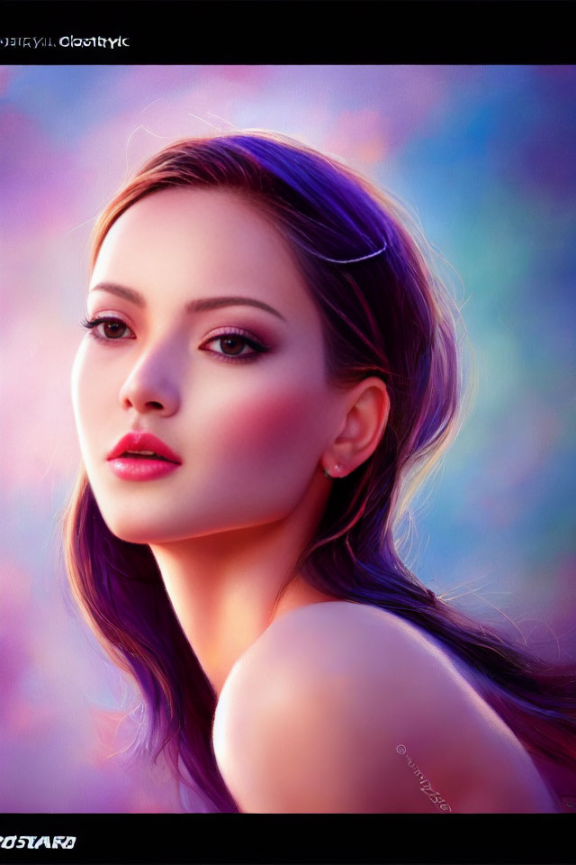 Vibrant digital portrait of woman with long purple hair and hazel eyes