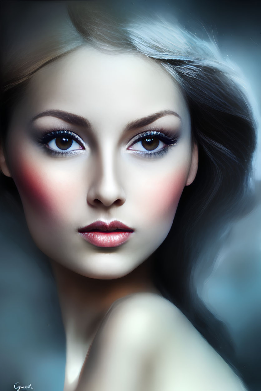 Digital portrait of a woman with striking blue eyes and dark hair against a soft background