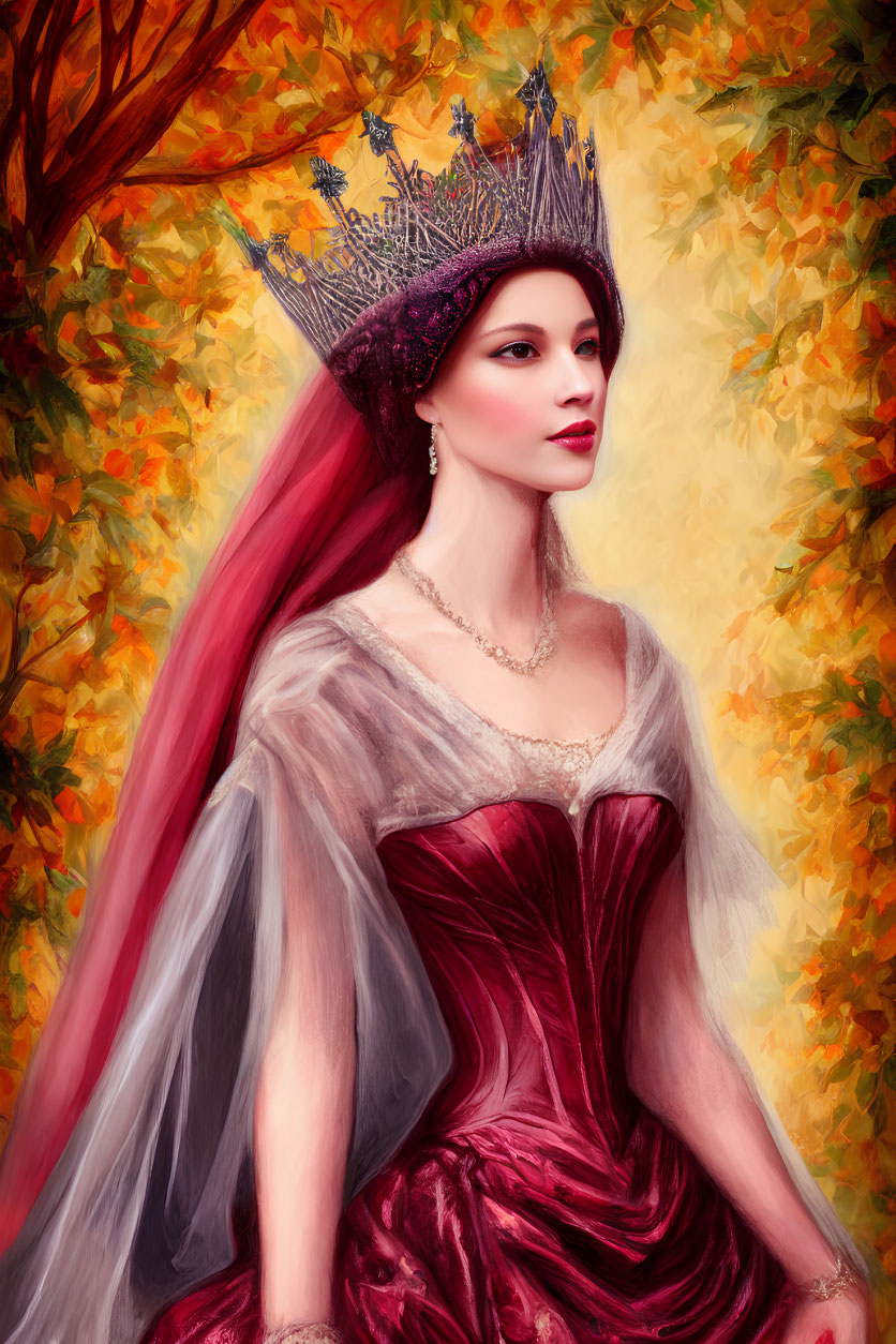 Portrait of woman with red hair and crown in burgundy gown on autumn leaf backdrop