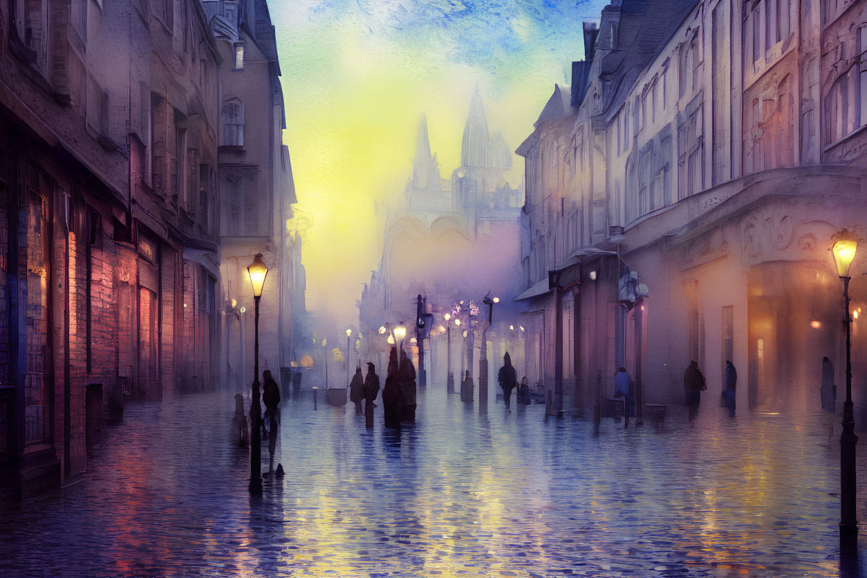 European Street Scene at Dusk with Silhouettes and Cathedral