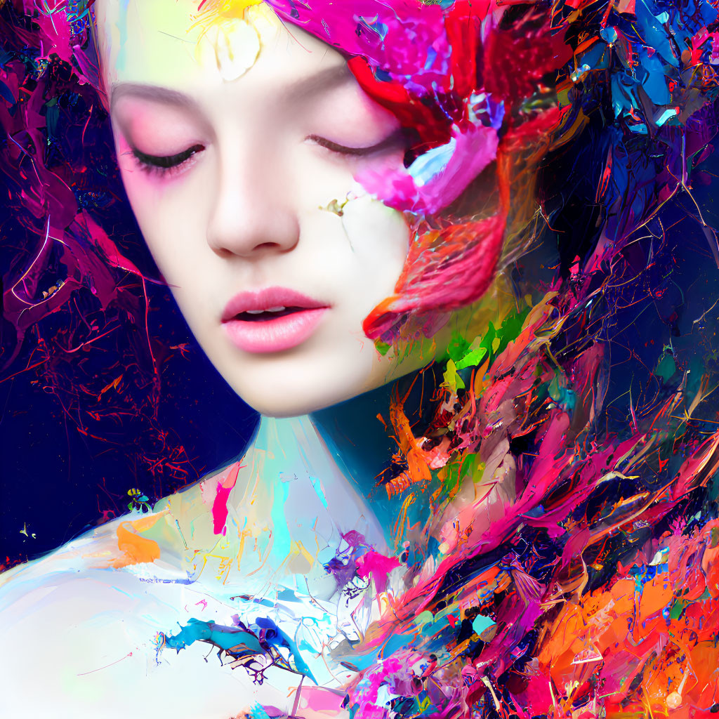 Colorful digital artwork: person with paint splashes and petals, abstract beauty.