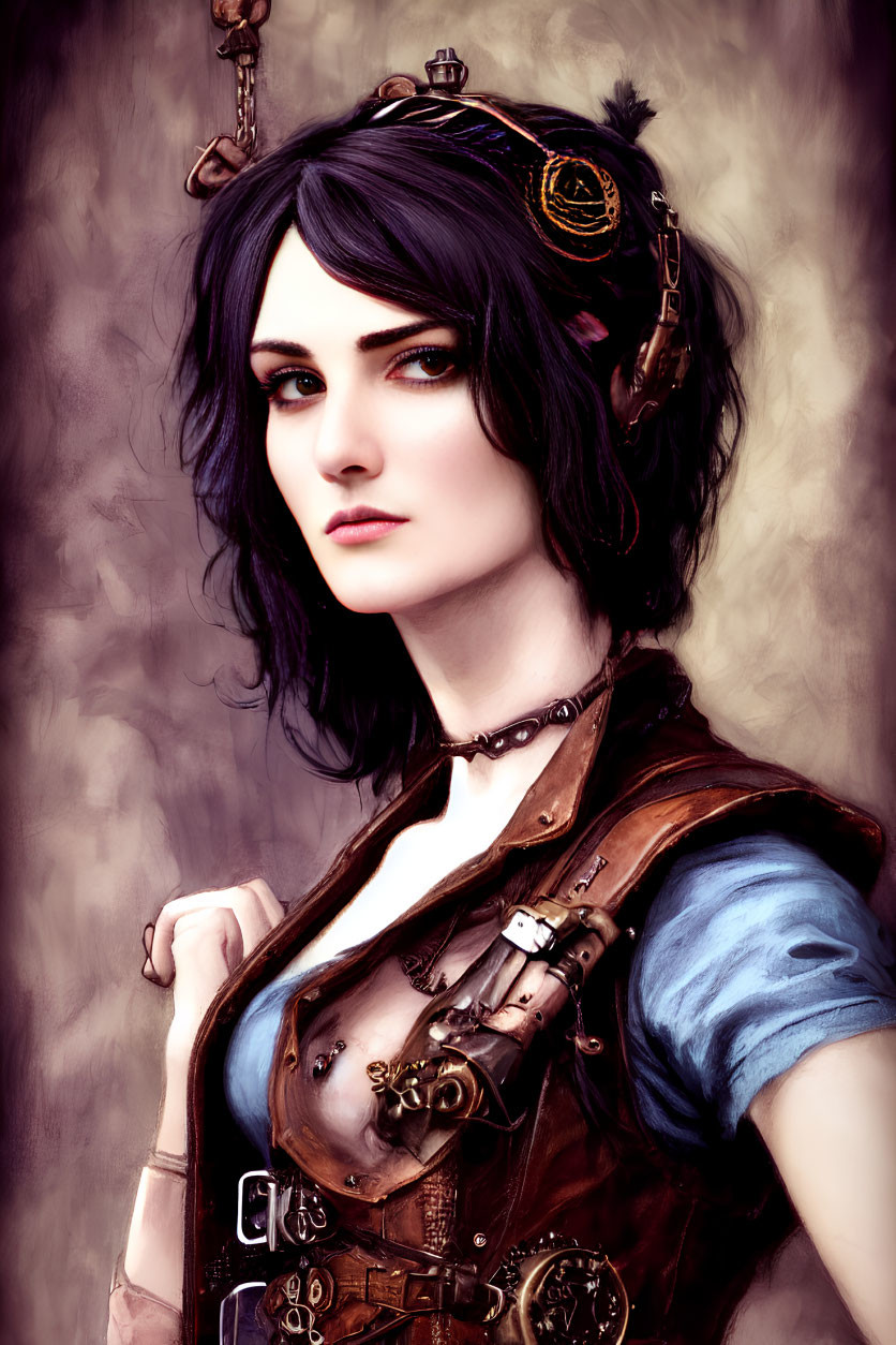 Steampunk-themed female character with mechanical earpiece and intense gaze