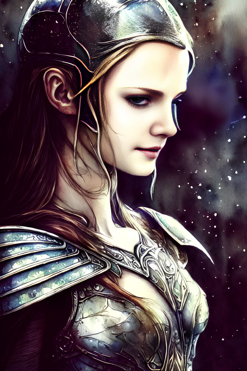 Elven woman in detailed fantasy armor against starry backdrop