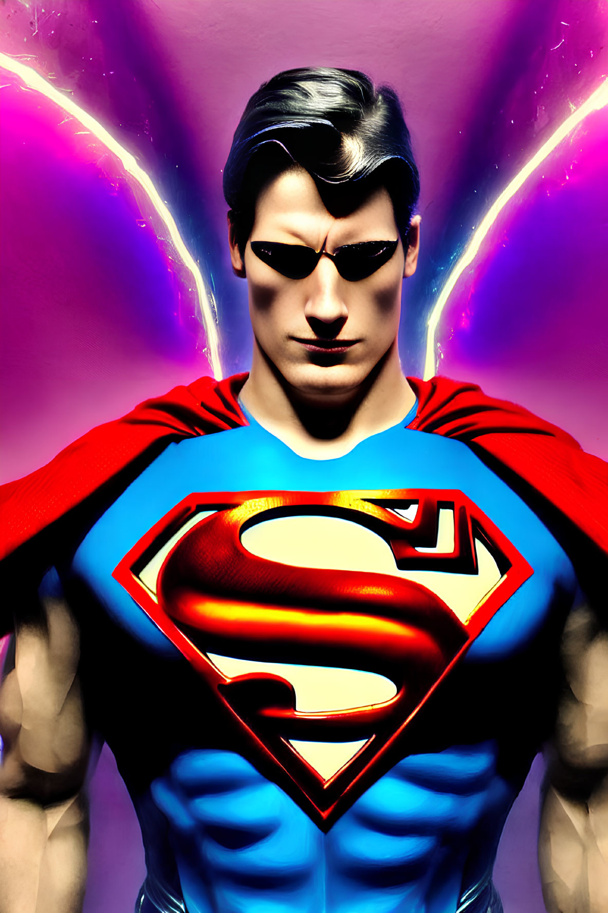 Stylized Superman image in vivid blue suit on purple background