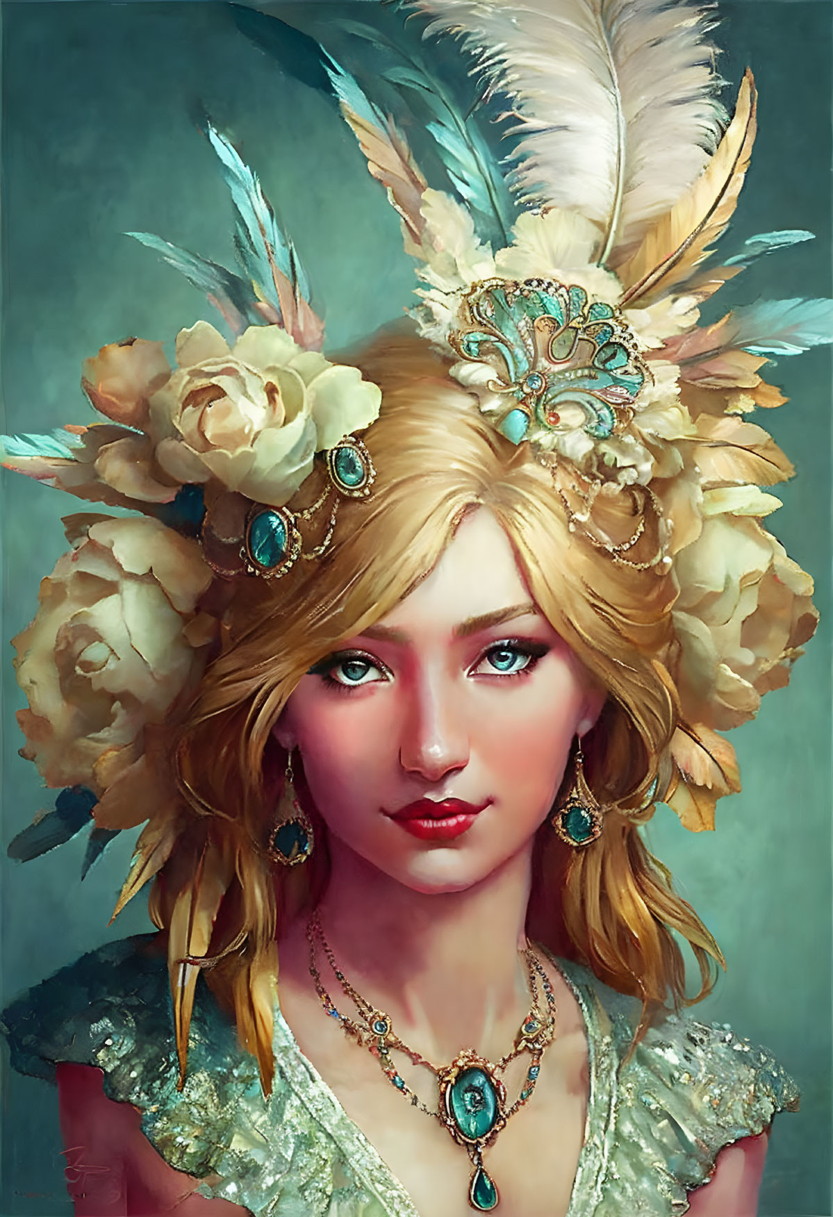 Golden-haired woman adorned with feathers, flowers, and jewels in a turquoise dress.