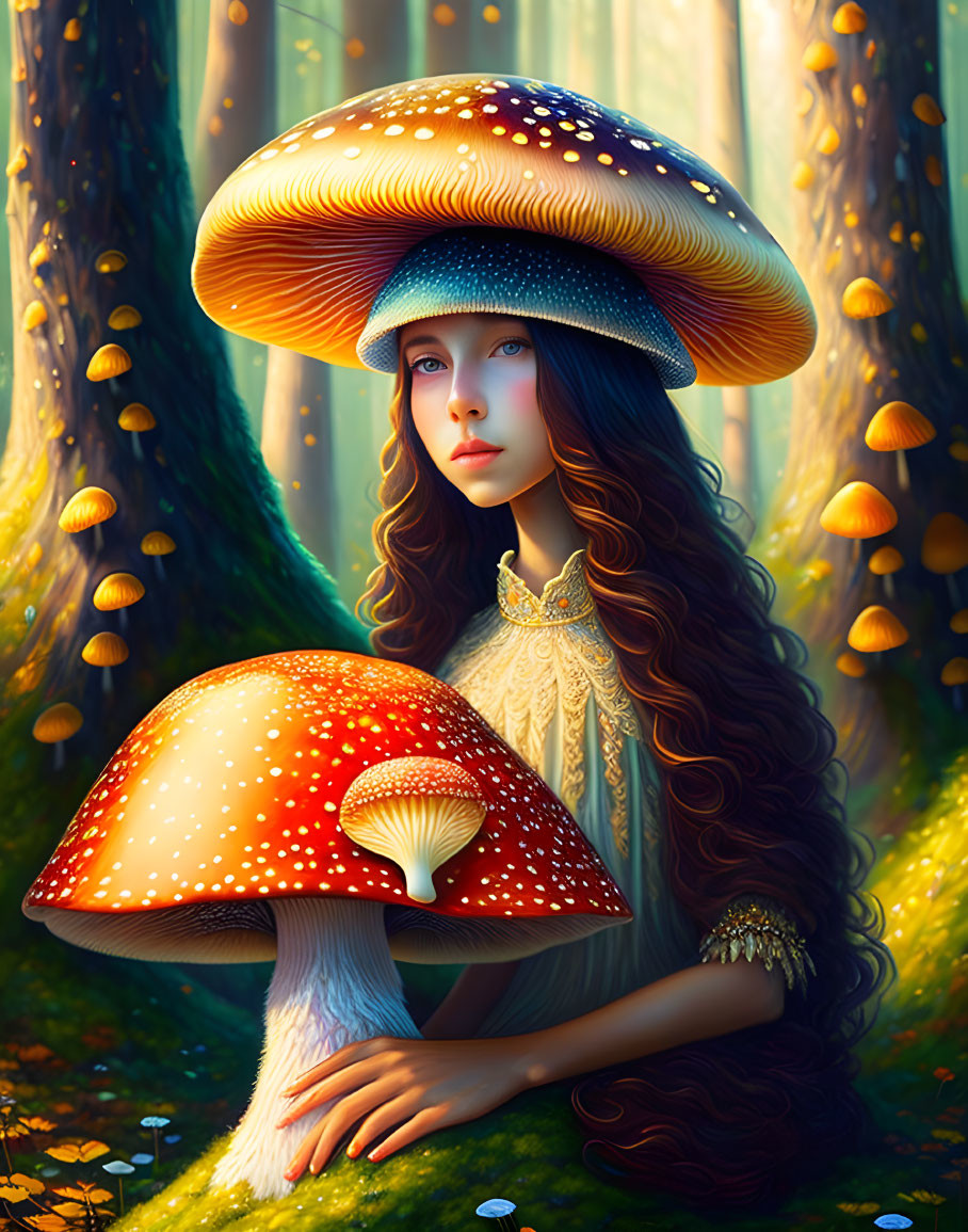 Fantasy illustration of woman with mushroom hat in enchanted forest