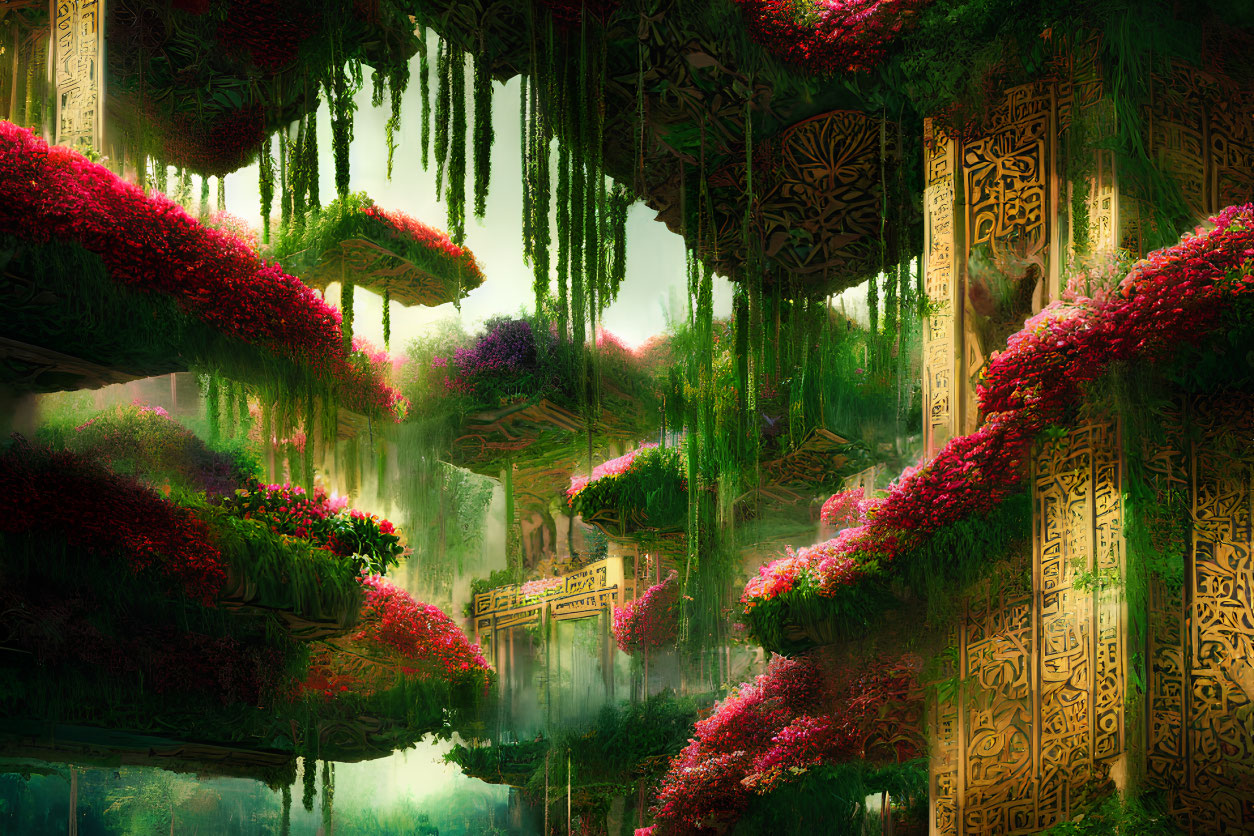 Mystical forest with hanging gardens, vibrant flowers, and ancient ruins.