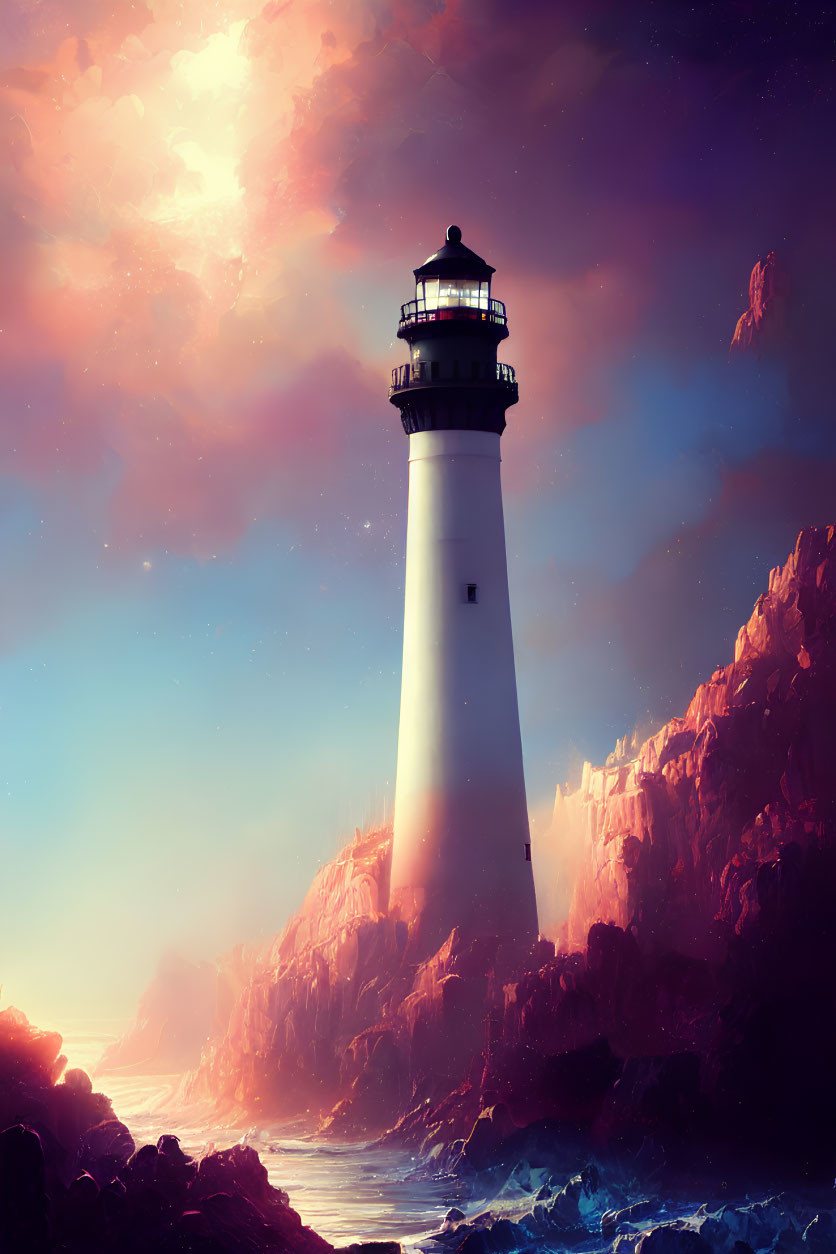 Tall White Lighthouse on Rugged Cliffs with Dramatic Sky