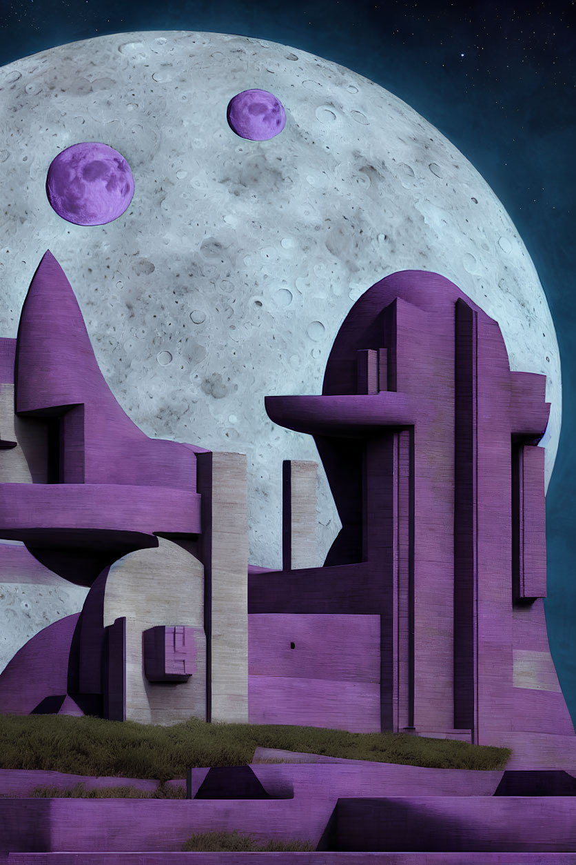 Detailed Moon and Purple Celestial Bodies Over Futuristic Structure