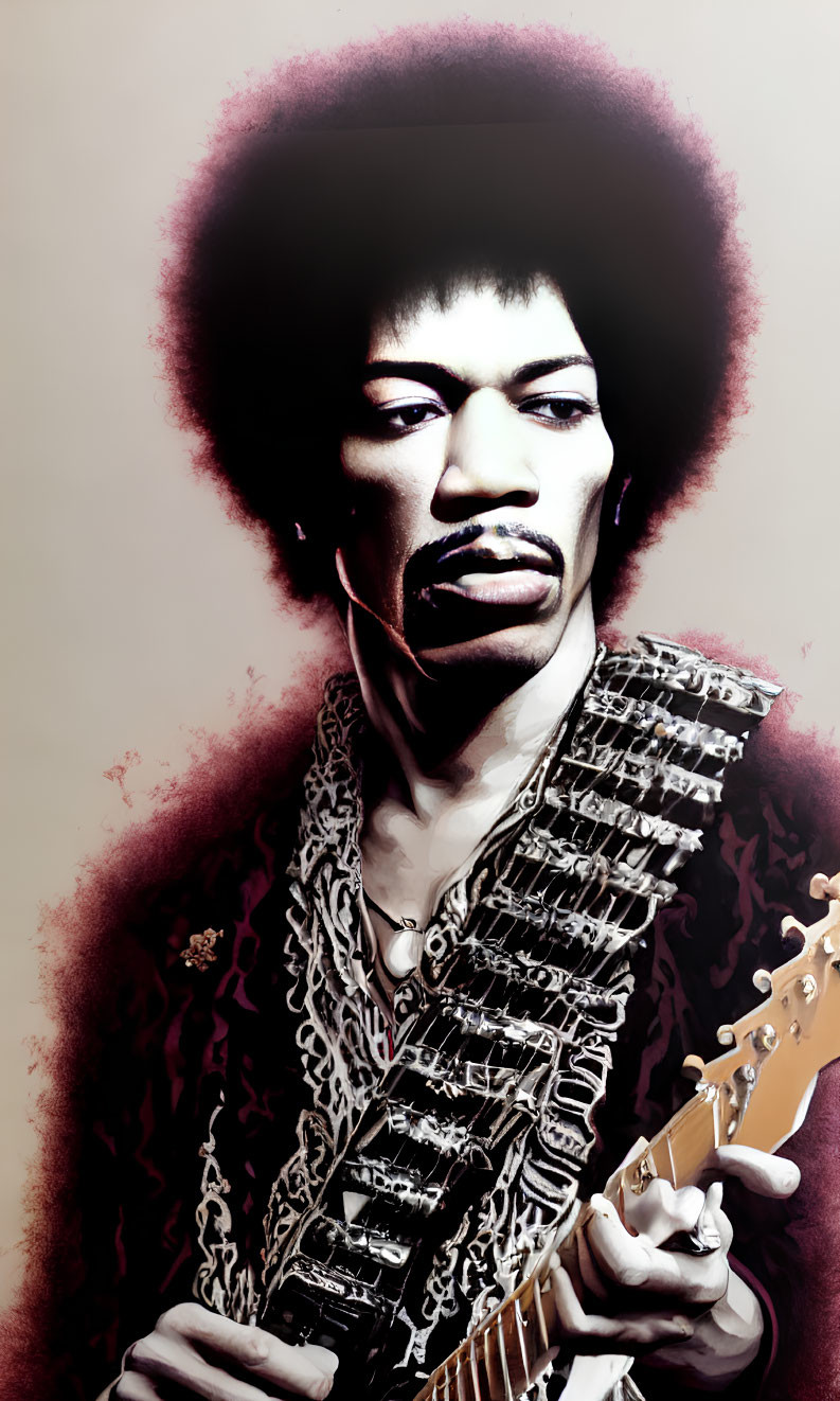 Stylized male musician with afro holding guitar on creamy background