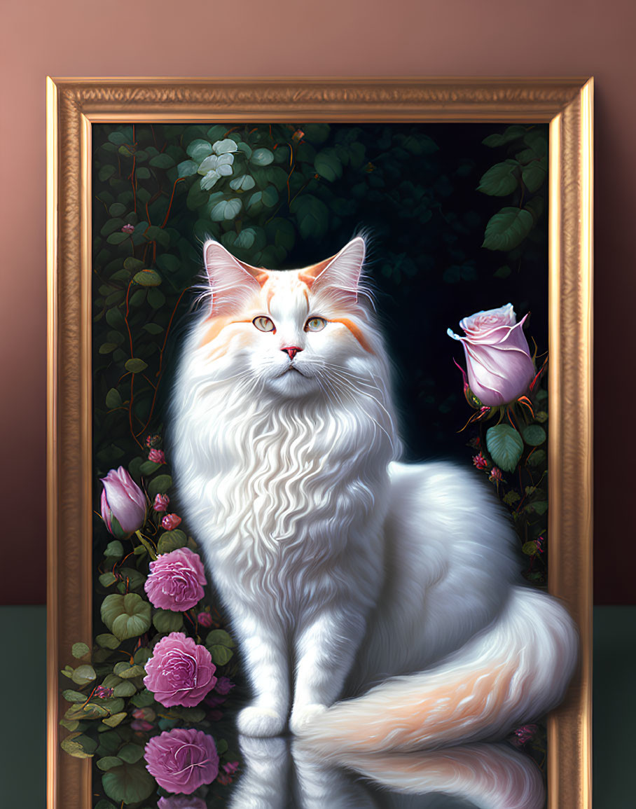 White Cat with Orange Markings Surrounded by Greenery and Roses