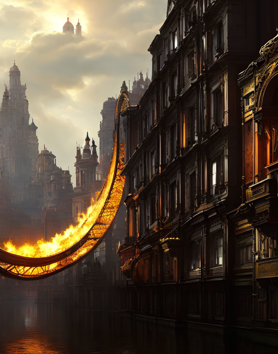 Gothic architecture and fiery dragon in fantastical cityscape