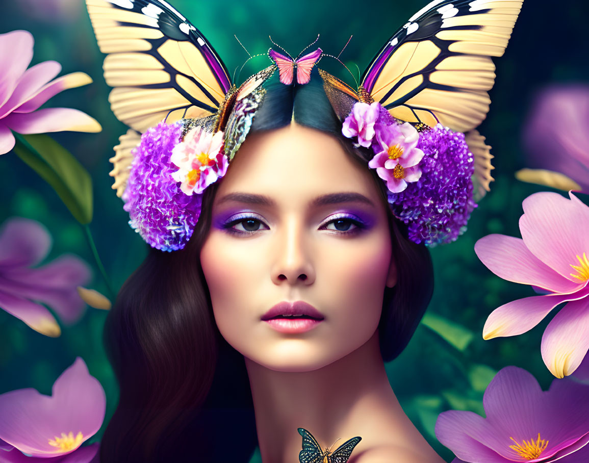 Woman with Butterfly on Forehead Surrounded by Purple and Pink Flowers