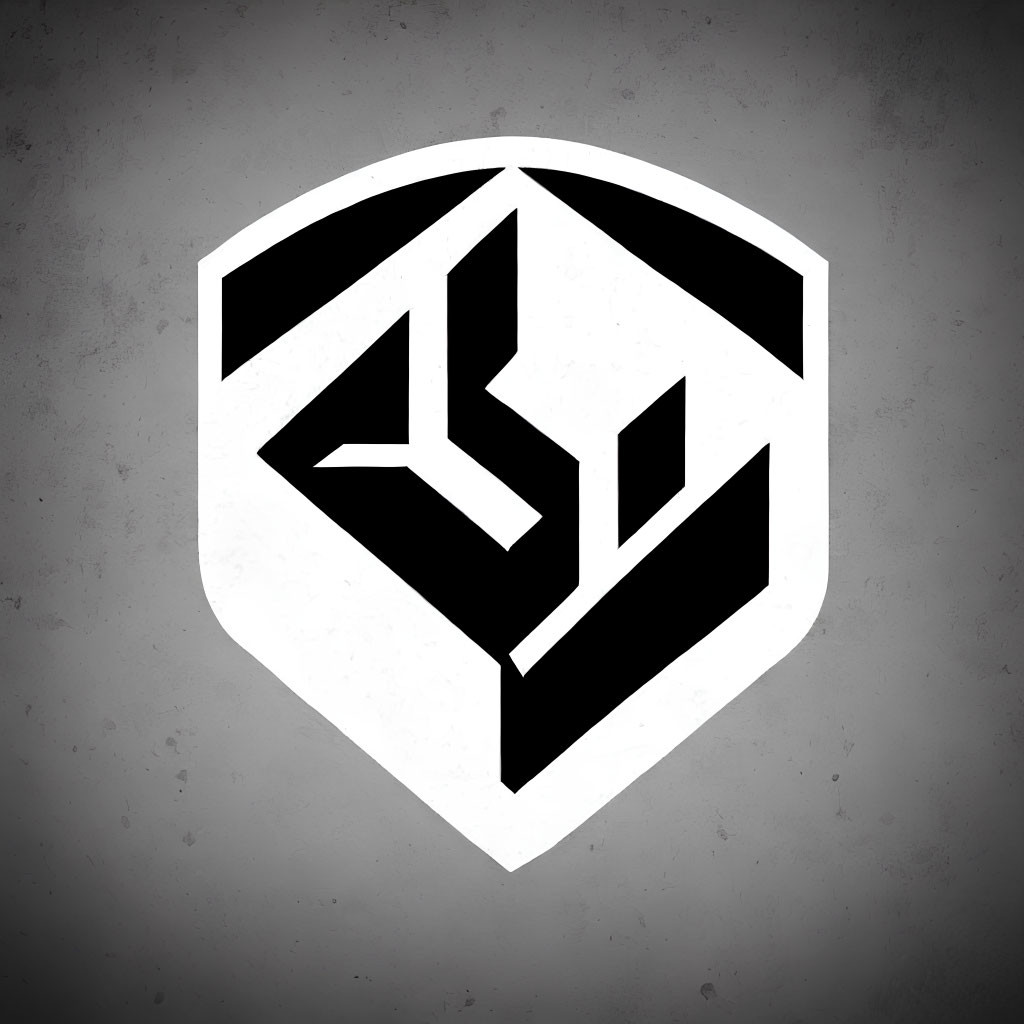 Abstract geometric monochrome emblem on textured grey background