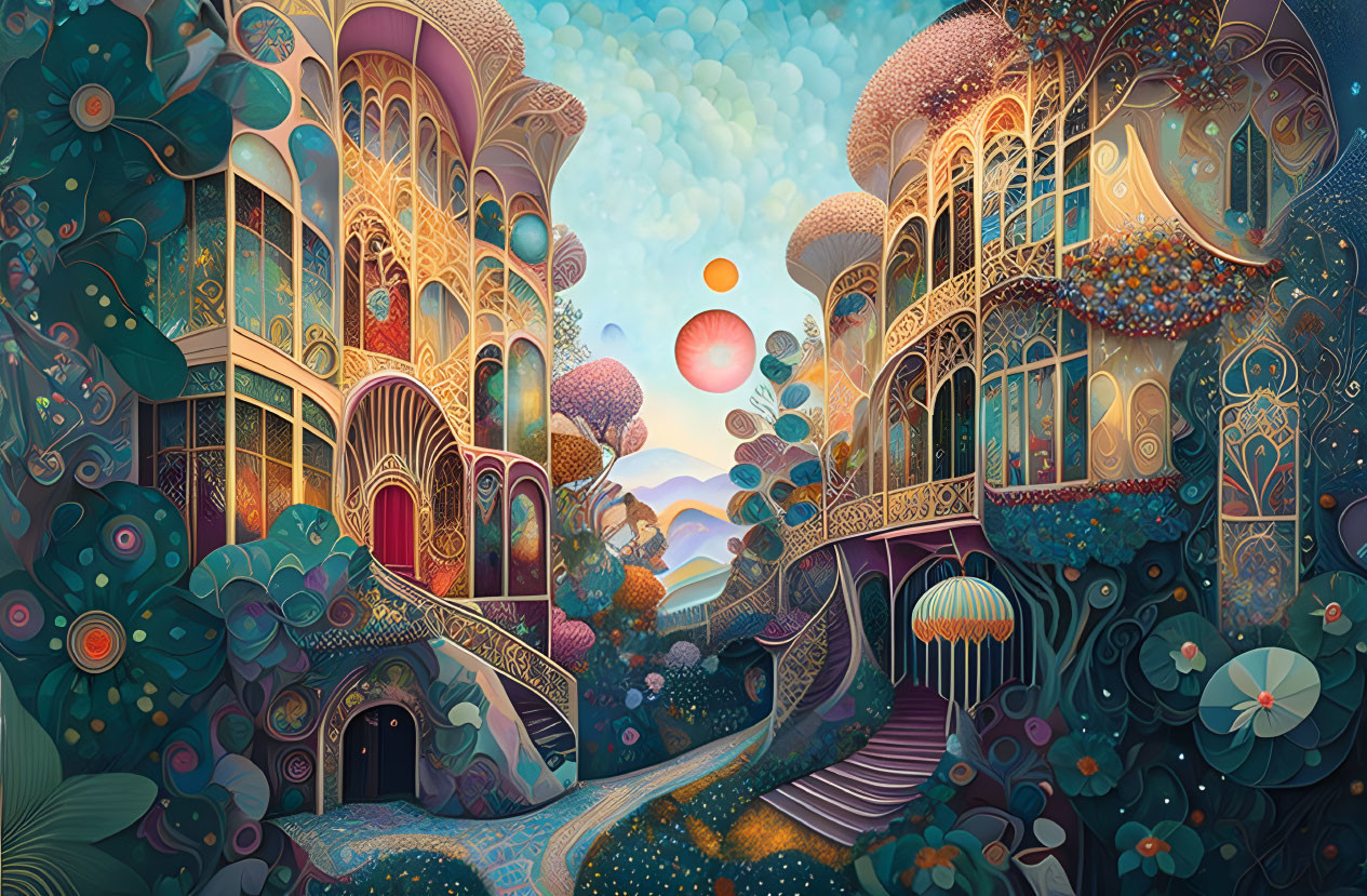 Fantastical landscape with whimsical buildings and lush flora