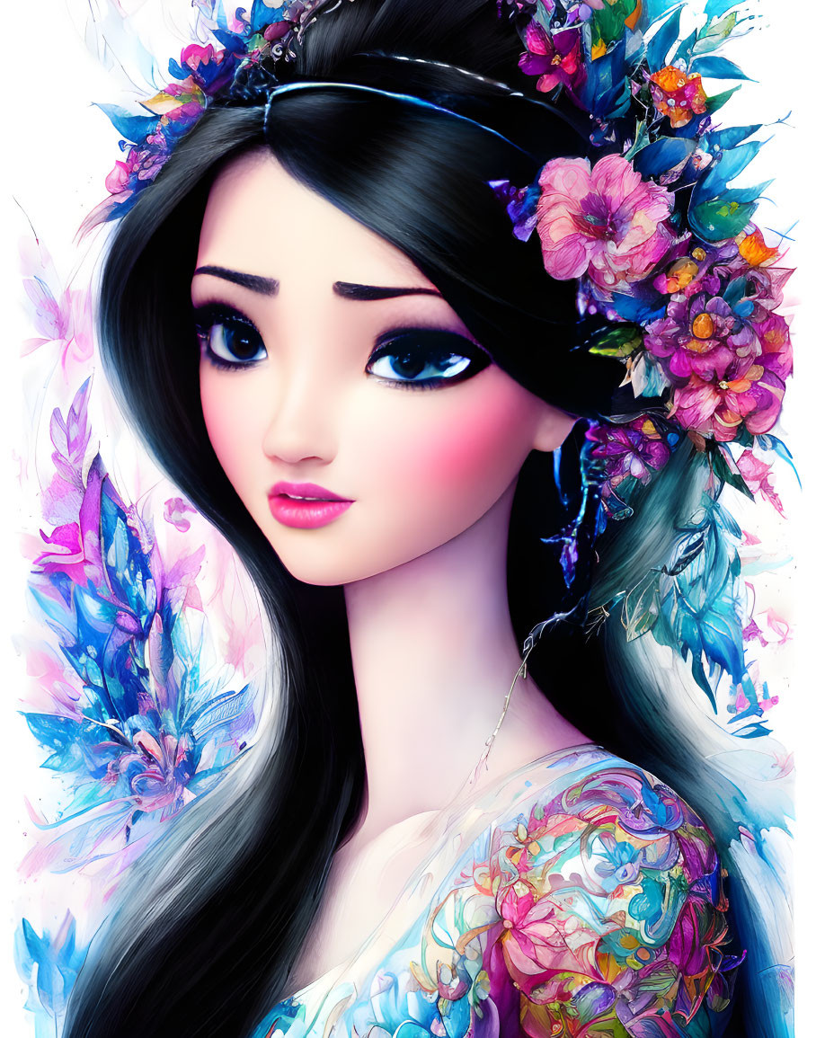 Detailed illustration of woman with large eyes, vibrant floral headdress, and floral tattoo.