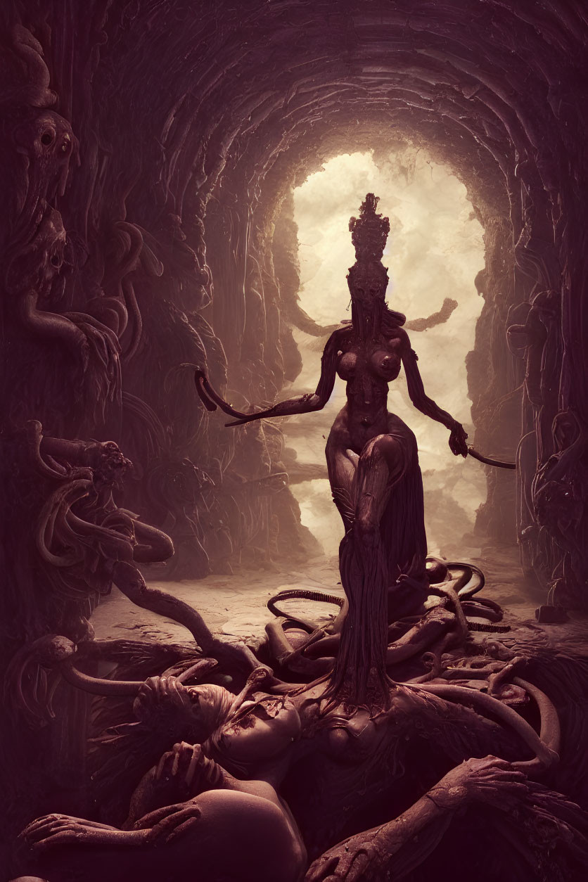 Dark fantasy art of towering figure in twisted cave