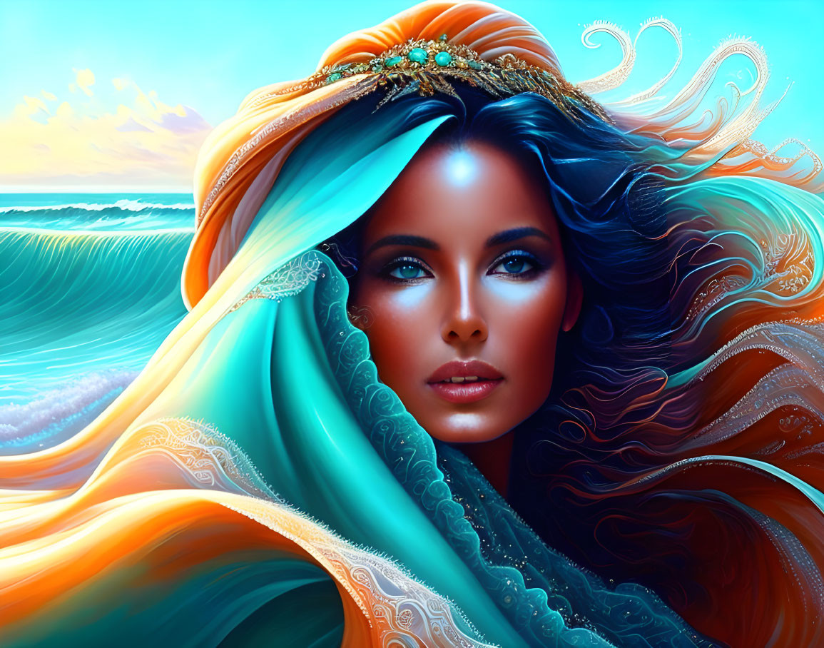 Vibrant sunset digital artwork: woman with flowing hair and scarf