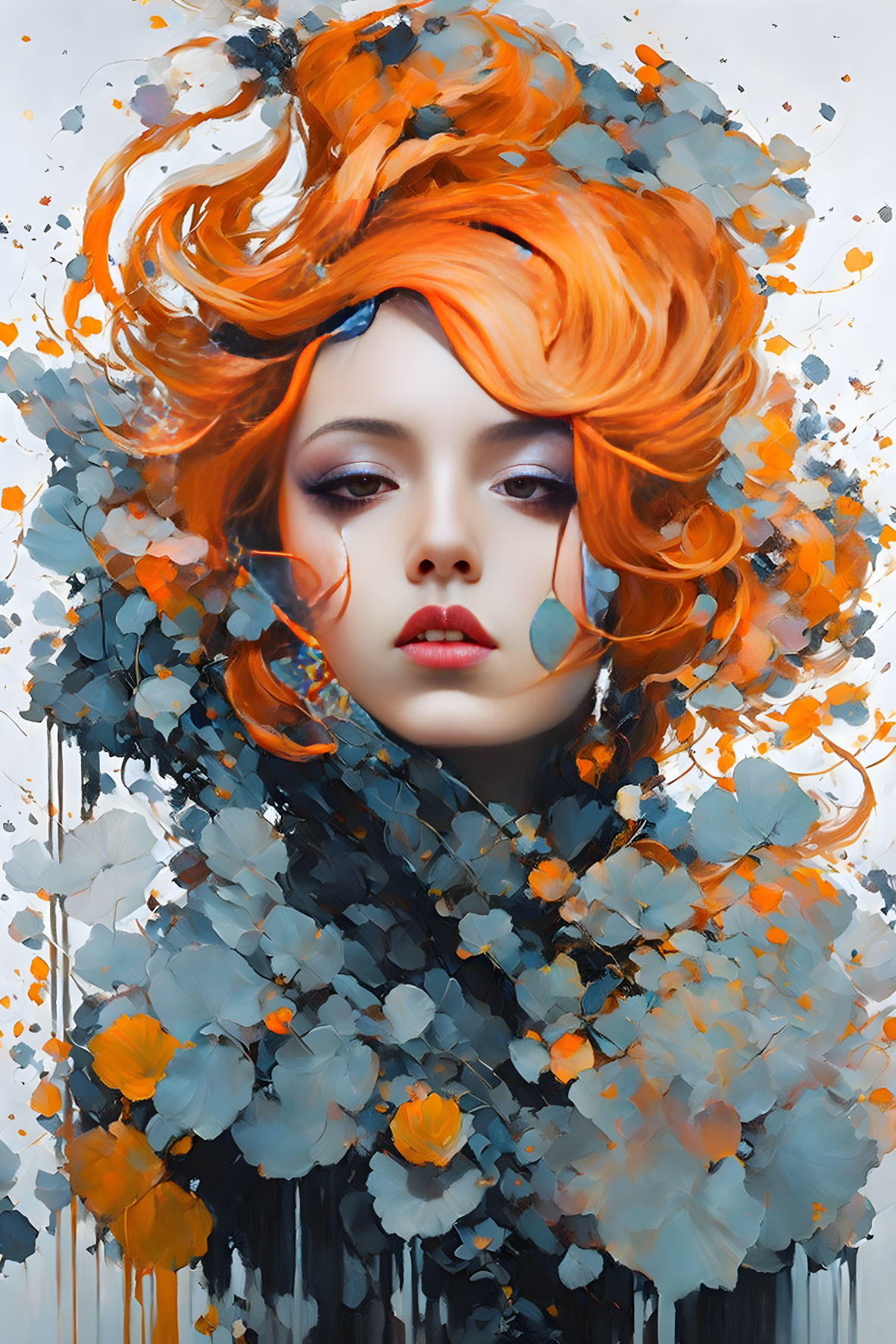 Vibrant portrait of a woman with orange hair and blue floral elements on white background