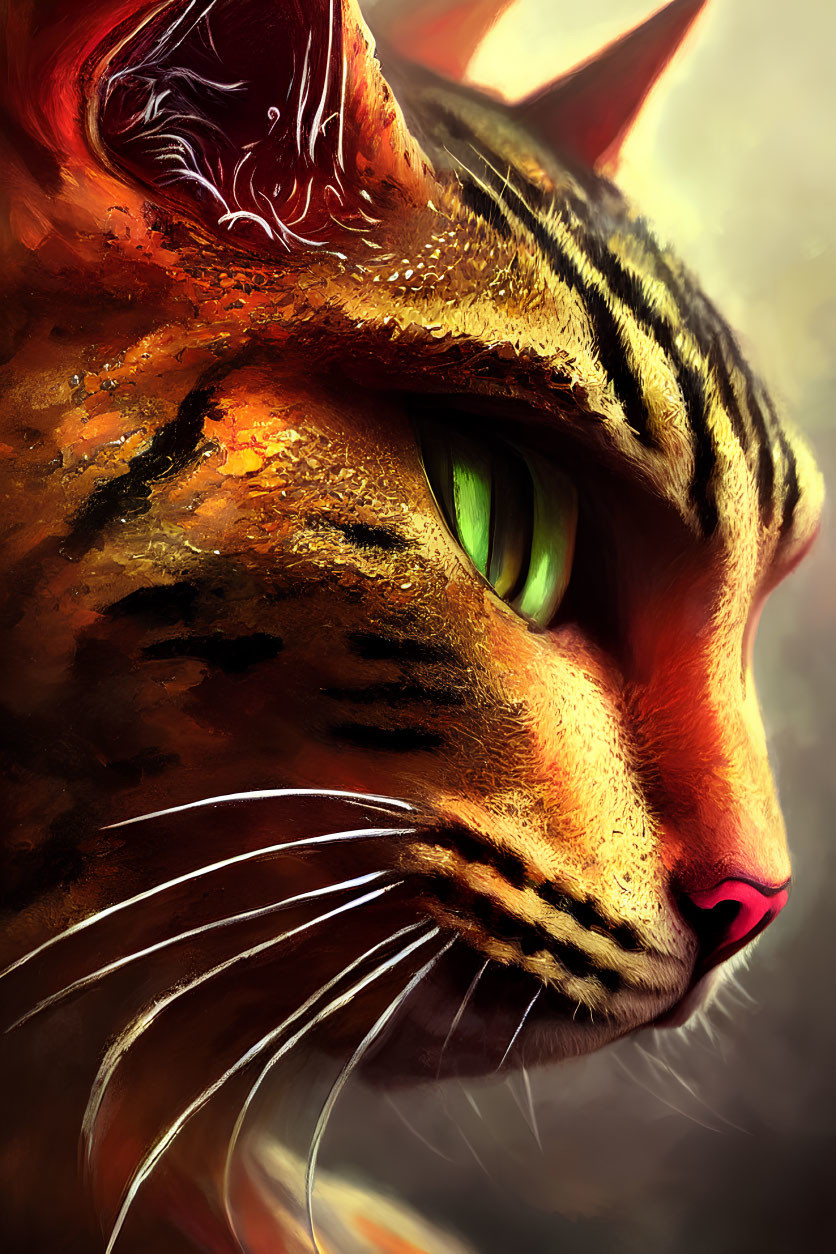 Detailed digital painting of an orange tabby cat with green eyes