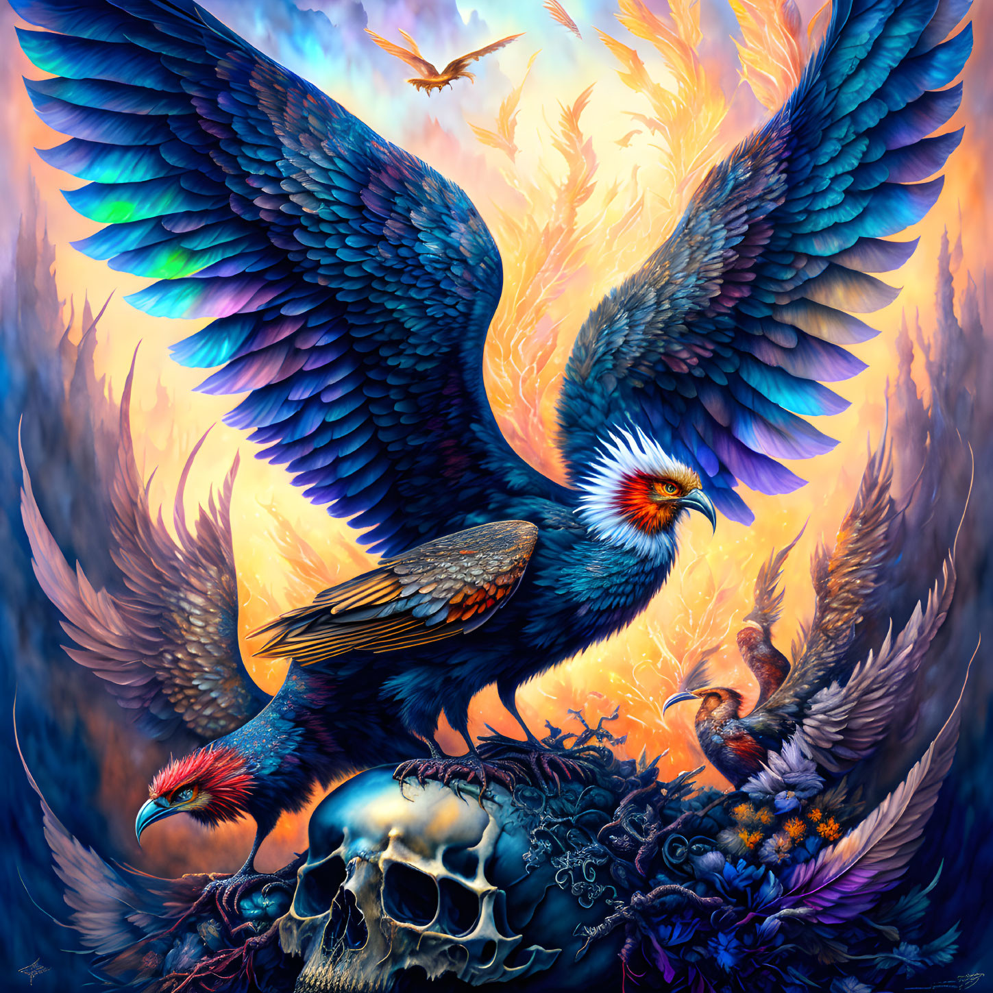 Mythical phoenix birds with iridescent feathers in fiery scene