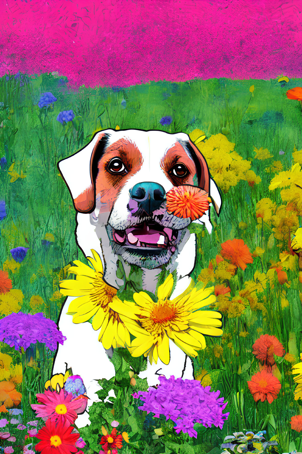 Vibrant illustration: smiling dog with colorful flowers on pink background